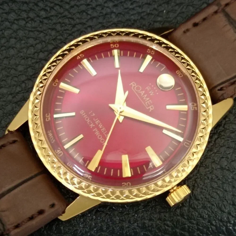 Vintage 1977 Roamer Manual Mens Gold Watch W/Leather Strap & Red accents